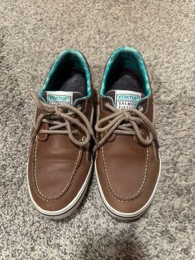 XTRATUF Women's Brown Leather Boat Loafers with Teal Lining